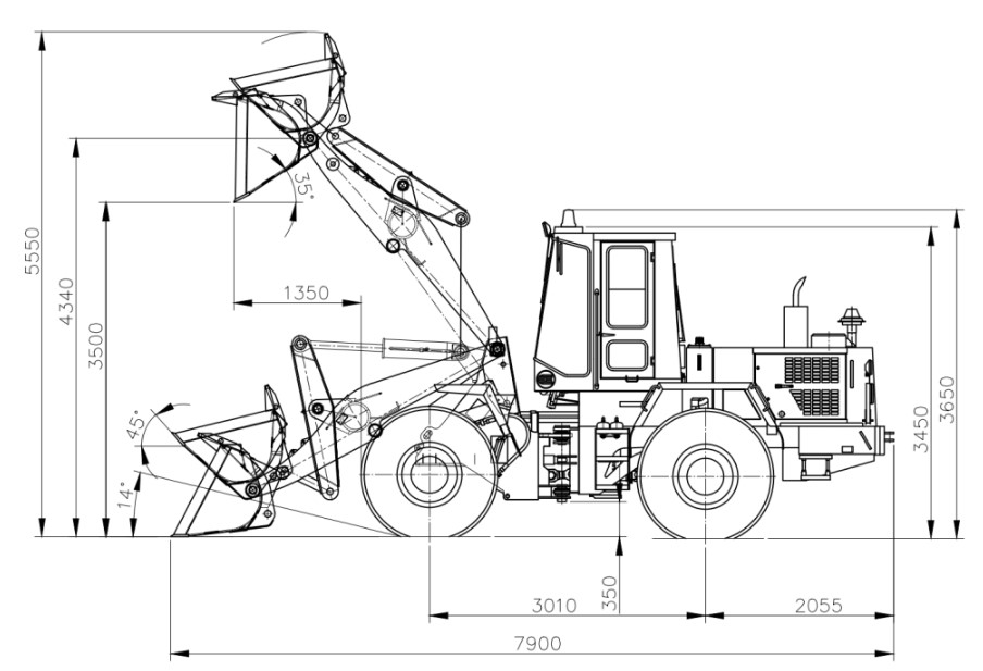 Схема размеров погрузчика АМКОДОР 371А-01