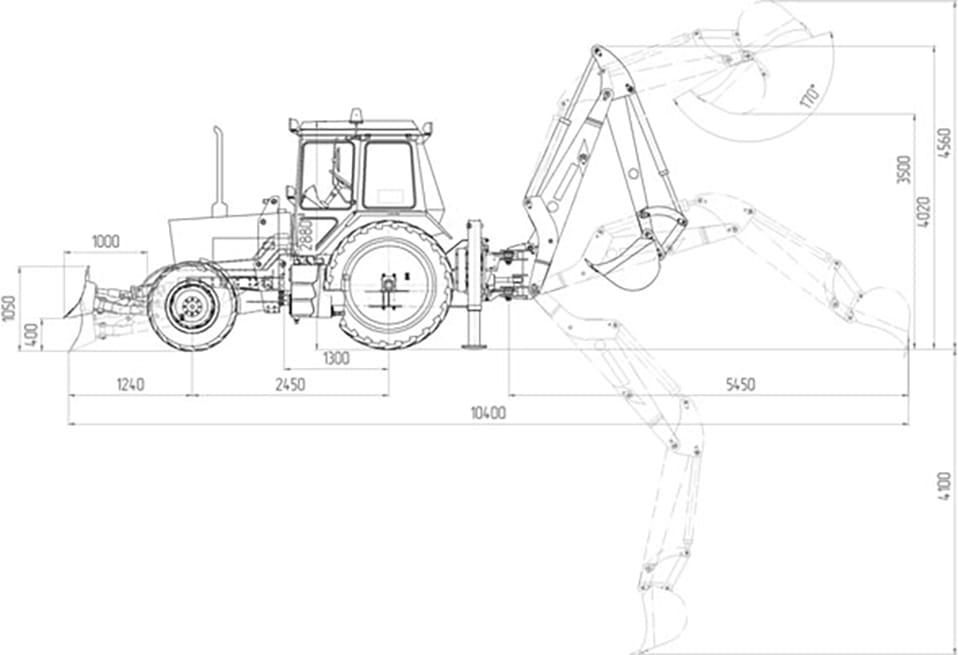 Схема размеров экскаватора-погрузчика АМКОДОР 702ЕВМ