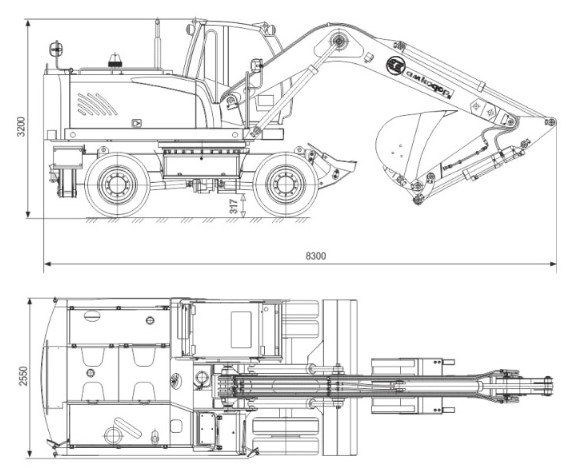 Схема размеров Экскаватор пневмоколесный EW-1400А