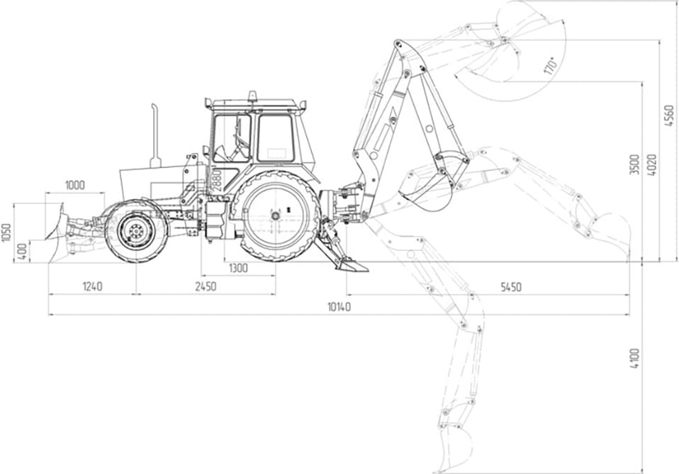 Схема размеров экскаватора-погрузчика АМКОДОР 702ЕВ