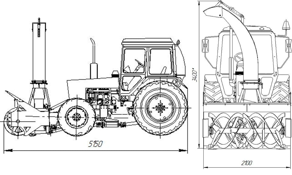 Схема размеров снегоочистителя фрезерно-роторного АМКОДОР 9211А1