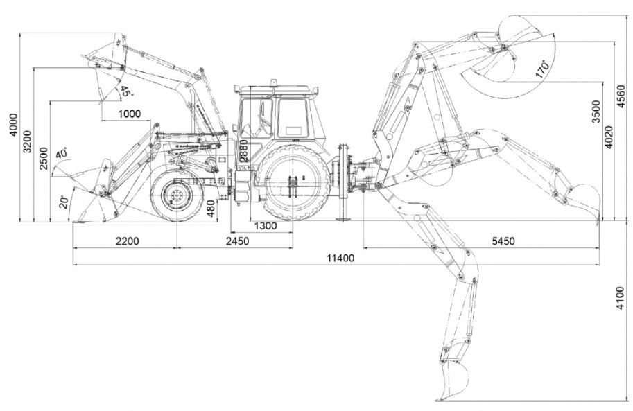 Схема размеров экскаватора-погрузчика АМКОДОР 703М