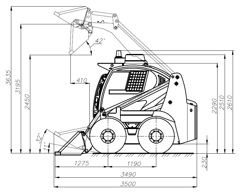 Схема размеров погрузчика АМКОДОР 211