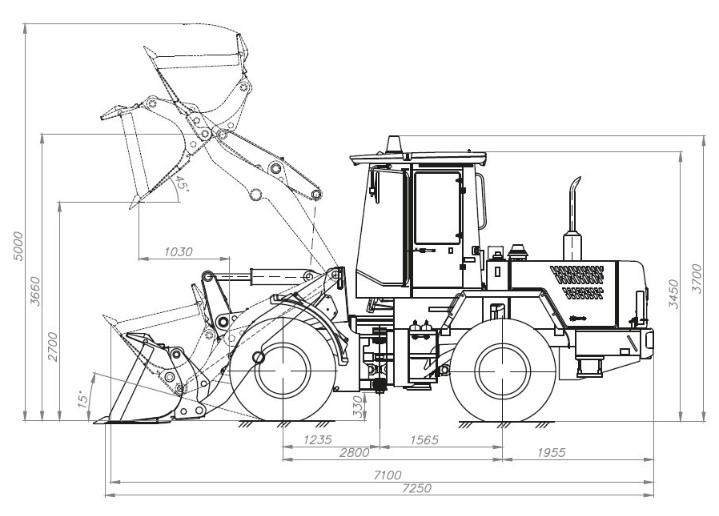 Схема размеров погрузчика АМКОДОР 211