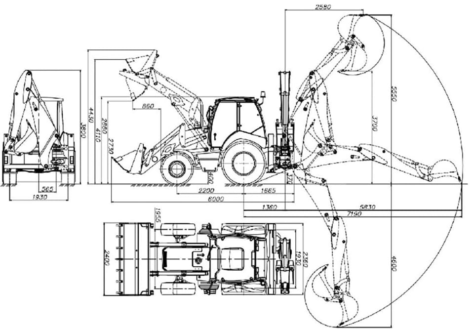 Схема размеров экскаватора-погрузчика АМКОДОР 732