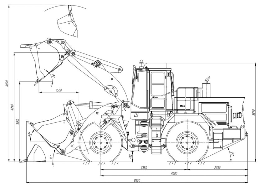 Схема размеров погрузчика АМКОДОР 371А-02