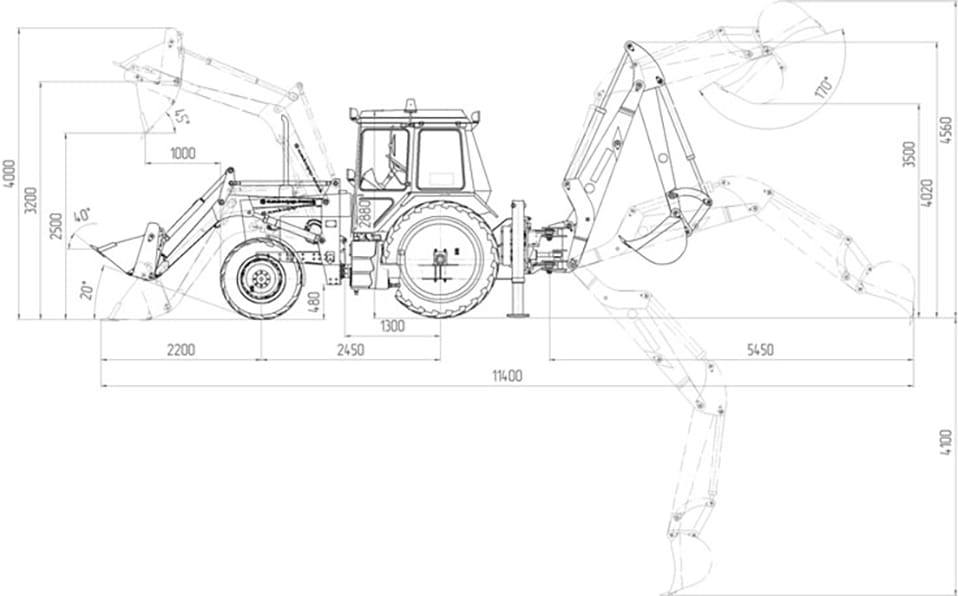 Схема размеров экскаватора-погрузчика АМКОДОР 702ЕМ