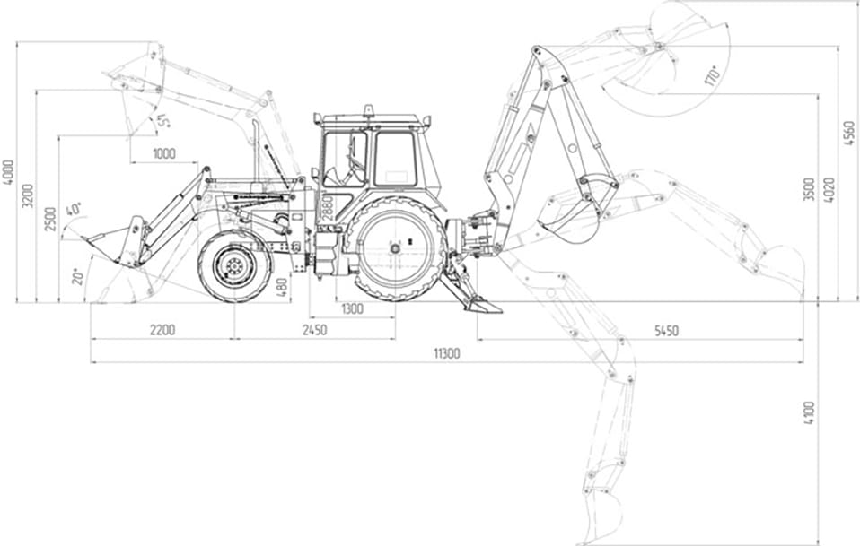 Схема размеров экскаватора-погрузчика АМКОДОР 702ЕА