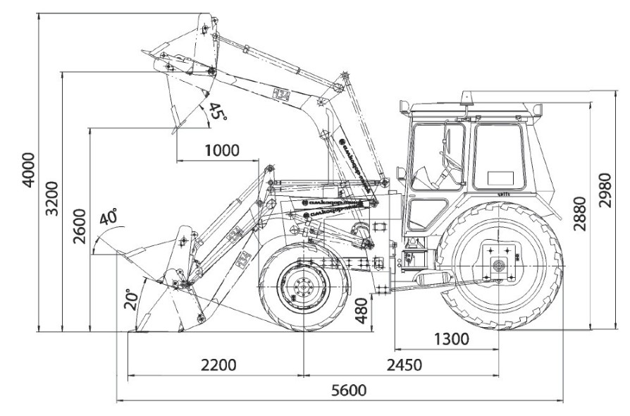Схема размеров погрузчика АМКОДОР 134