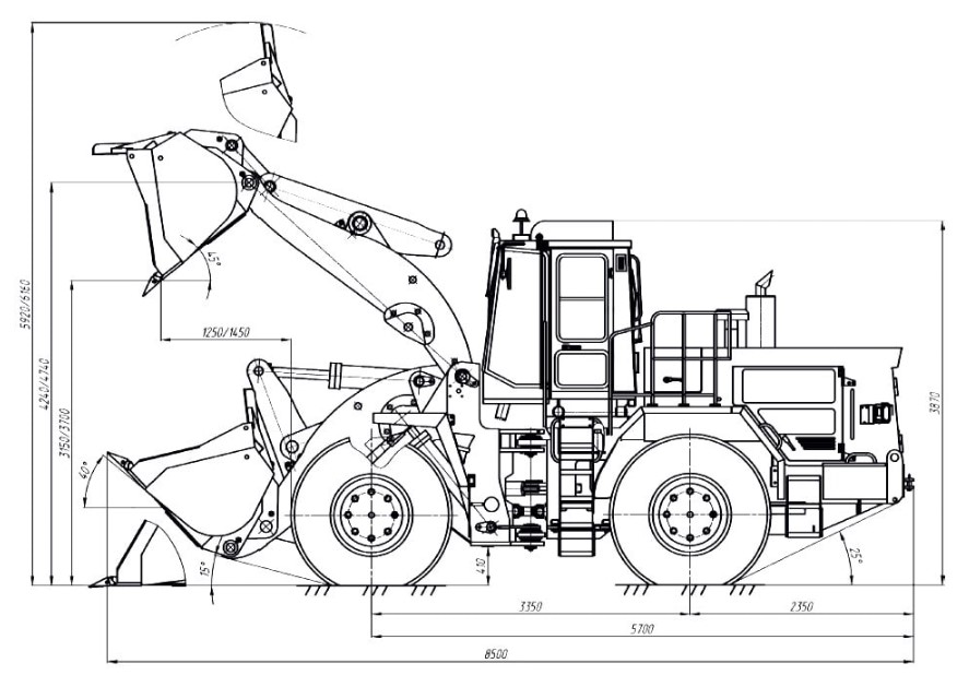 Схема размеров погрузчика АМКОДОР 371А-02