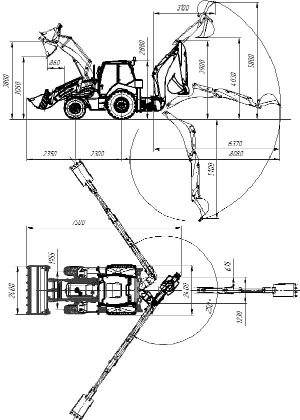 Схема размеров экскаватора-погрузчика АМКОДОР 743